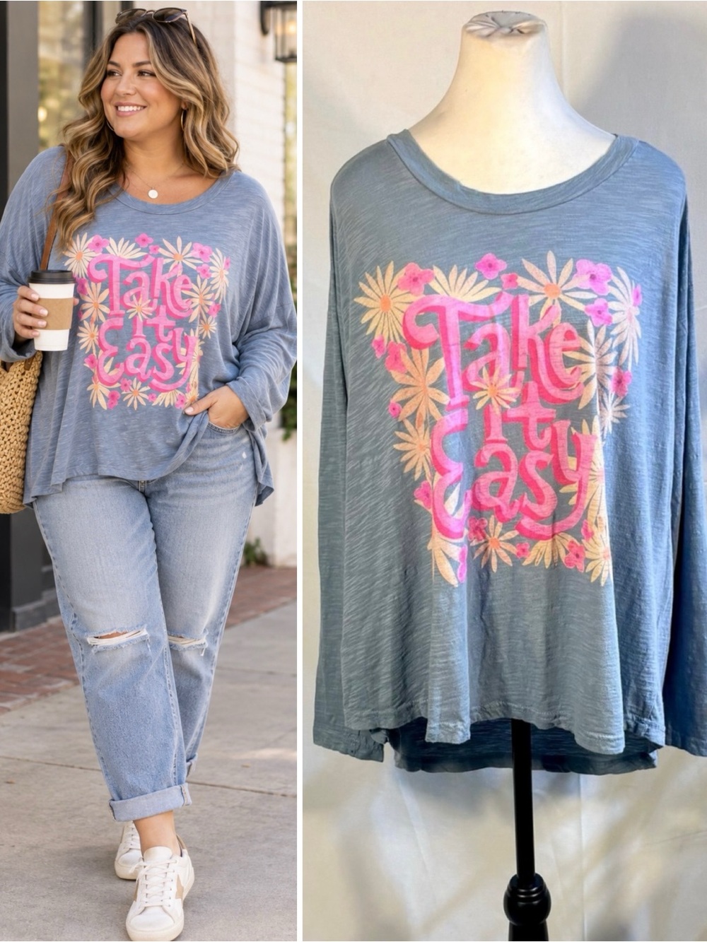 š„Natural Life Take It Easy Floral Graphic Long Sleeve Cotton Tee Sz XXXL 3Xš